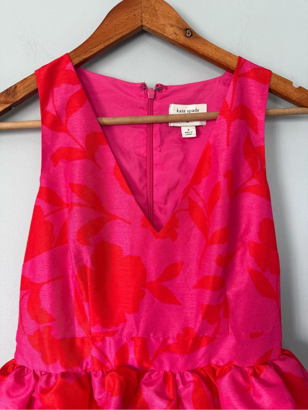 Kate Spade Pink Floral Midi Dress Peplum Ruffle V Neck Sleeveless Size 0